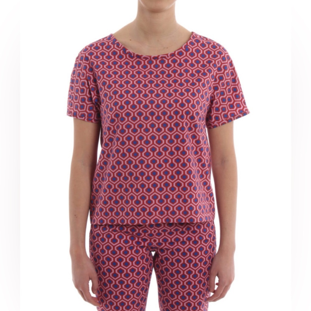 Weekend MaxMara Red & Blue Arno Maze Print Poplin Cotton Blouse Boxy Luxury Sz 8